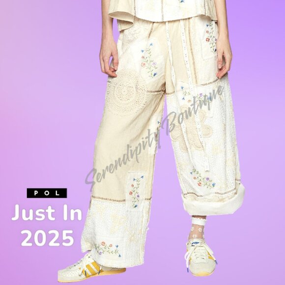 POL Doilies & Daisies Embroidered Soft Quilted Gauze Boho Wide Leg Pants. - Picture 8 of 11